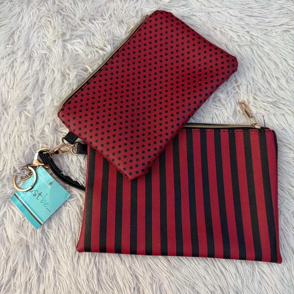 Stylish Red and Black Polka Dot and Striped Wristlet Set